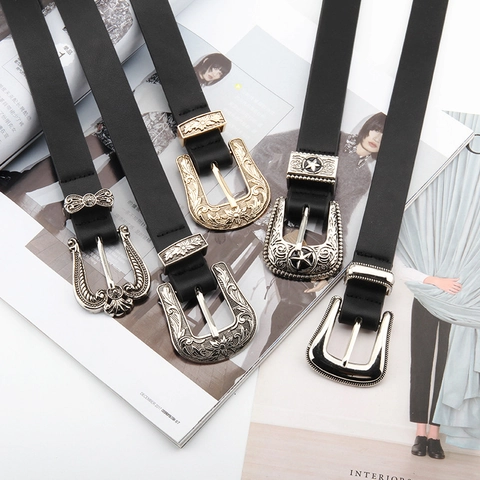 Damen Retro Kunstleder Gürtel Mit Westlich Gravierter Legierung Schnalle Vintage Bohemian Stil Schmaler Taillengurt
