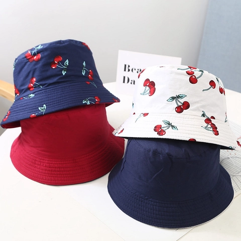 Cappello Da Pescatore Bambini Cotone Reversibile Stampa Ciliegie Tesa Larga Protezione Solare Carino Estate All Aperto