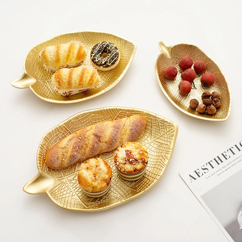 Bandeja Decorativa Dorada De Madera Forma Hoja Piña Plato De Fruta Postre Merienda Organizador Estilo Nórdico Adorno Escritorio