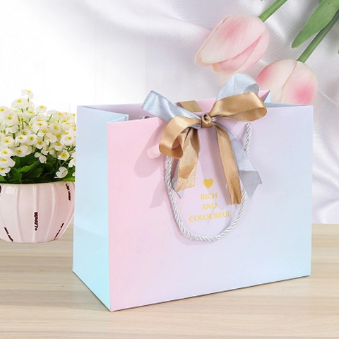 Gradient Pink Blue Marble Gift Bag Cardboard Paper Handheld Ribbon Bow For Wedding Party Birthday Packaging Festive