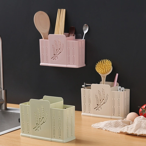 Support De Rangement Pour Couverts Mural Plastique Égouttoir Porte-Baguettes Organisateur De Cuisine Sans Perçage Motif Blé