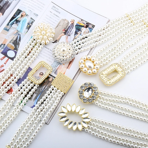 Eleganter Mehrreihiger Künstliche Perlenimitat Elastischer Gürtel Für Damenkleid Dekorative Legierung Strass Schnalle Taillenkette Modeaccessoire