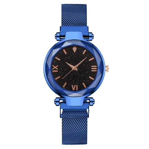 Orologio Al Quarzo Da Donna Quadrante Cielo Stellato Cinturino Maglia Milano Chiusura Magnetica Vetro Sfaccettato Numeri Romani Elegante