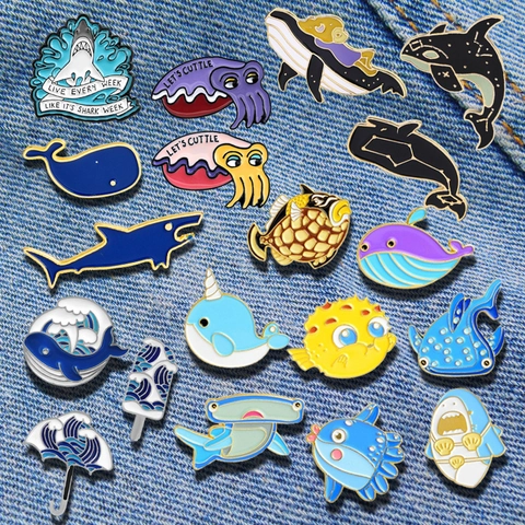 Ocean Animal Enamel Pin Brooch Shark Whale Dolphin Wave Pattern Alloy Lapel Badge For Backpack Denim Jacket Decor Cartoon Style