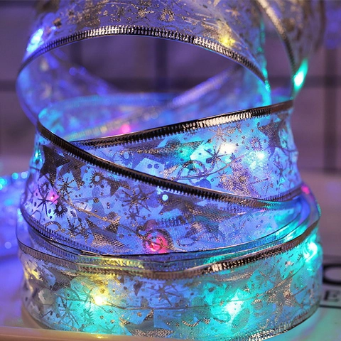 Weihnachts LED Schleifenband Lichterkette Batterie Mesh Satin Lichter Für Weihnachtsbaum Deko Sterne Noten Muster Flexibel