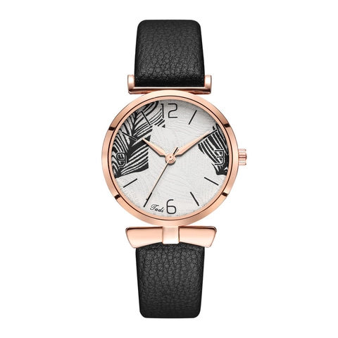 Women Fashion Quartz Watch Rose Gold Alloy Case Leaf Pattern Dial PU Leather Strap Casual Analog Wristwatch