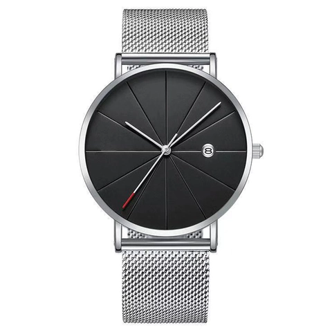 Men Quartz Watch Minimalist Ultra Thin Stainless Steel Mesh Band Date Display Fashion Business Casual Wristwatch