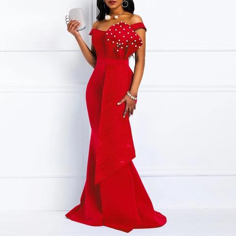 Off Shoulder Spitze Abendkleid Meerjungfrau Slim Fit Künstliche Perlen Bestickt Formelle Hochzeit Party Elegantes Langes Kleid