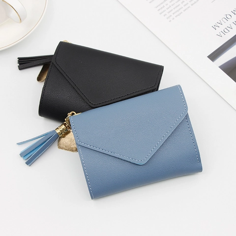 Petit Portefeuille Femme Pliant Similicuir Design Enveloppe Avec Gland Coeur Mode Porte-Monnaie