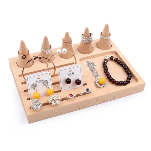 Beech Wood Jewelry Display Stand With Conical Ring Cones And Slots For Earring Cards Countertop Organizer Tray