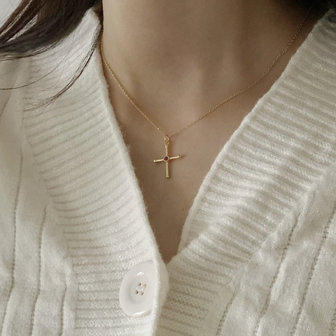 Vintage 925 Sterling Silver Cross Necklace For Women With Red Gemstone 18K Gold Plated Minimalist Niche Jewelry
