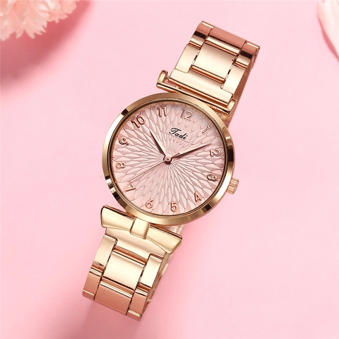 Mode Damen Quarzuhr Roségold Legierung Edelstahlband Rundes Analoges Zifferblatt Arabische Ziffern Elegant