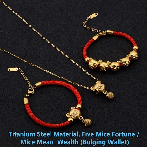 Bracciale Corda Intrecciata Rossa Ciondolo Topo Zodiaco Collana Pendente Acciaio Titanio Placcato Oro Gioielli Regalo