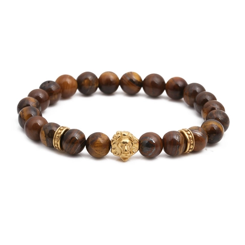 Pulsera De Cuentas Cabeza De León Ojo De Tigre Piedra Natural Elástico Hombre Hip Hop Retro Joyería