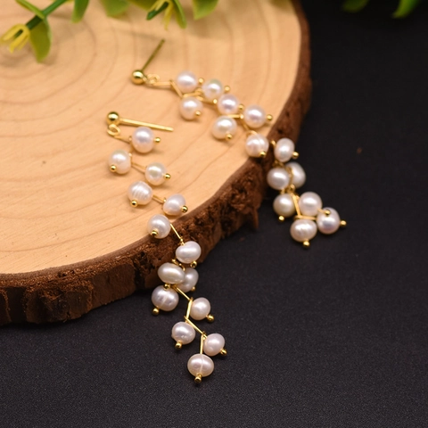 Boucles D'oreilles Longues À Pompons En Süßwasserperles D'eau Douce Naturelles Fait Main Cuivre Plaqué Or Avec Tige En Argent 925