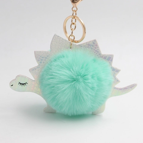 Cute Dinosaur Keychain Faux Fur Plush Ball Iridescent Holographic PU Leather Bag Charm Cartoon Aesthetic For Women