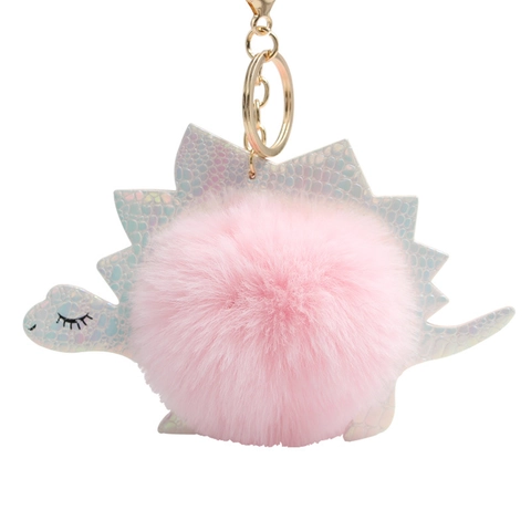 Cute Dinosaur Keychain Faux Fur Plush Ball Iridescent Holographic PU Leather Bag Charm Cartoon Aesthetic For Women