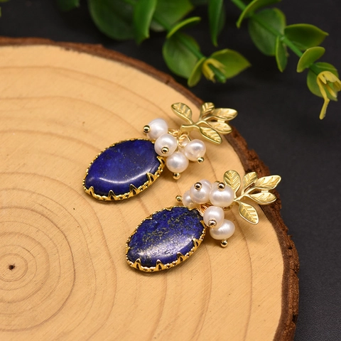 Handgemaakte Druppeloorbellen Met Kunstparels En Lapis Lazuli Met 925 Zilveren Oorknopjes Retro Tak En Blad Ontwerp