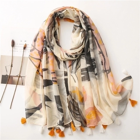 Abstract Art Print Long Scarf For Women Cotton Linen Feel Lightweight Shawl With Tassels Sun Protection Beach Wrap