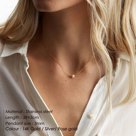 Minimalist Stainless Steel Necklace With Round Shell Artificial Pearl Pendant Elegant Bead Choker Jewelry For Women