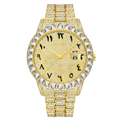 Orologio Da Uomo Al Quarzo Con Strass Iced Out Acciaio Inossidabile Numeri Arabi Data Lusso Hip Hop Moda Impermeabile
