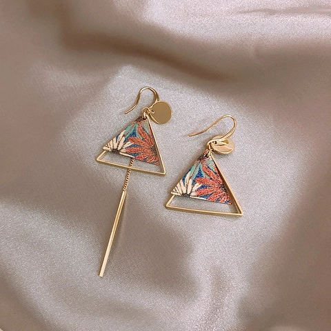 Asymmetric Triangle Dangle Earrings Alloy Floral Embroidery Retro Ethnic Long Tassel Jewelry For Women
