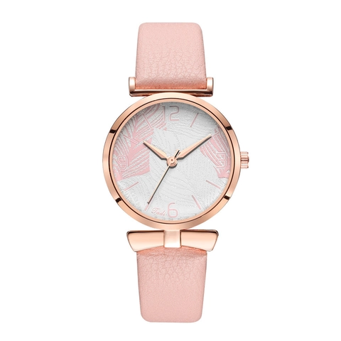 Women Fashion Quartz Watch Rose Gold Alloy Case Leaf Pattern Dial PU Leather Strap Casual Analog Wristwatch