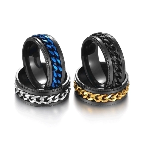 Stainless Steel Spinner Ring Rotatable Cuban Chain Band Punk Hip Hop Style Stress Relief Jewelry For Men