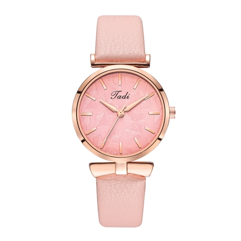 Women Fashion Quartz Watch PU Leather Strap Leaf Texture Dial Bowknot Detail Casual Elegant Wristwatch For Lady