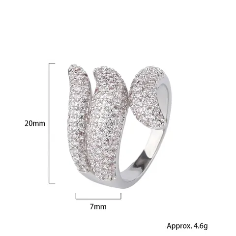 Zircon Micro Pave Open Ring Copper Geometric Wave Feather Design Adjustable Jewelry For Women Chic Trendy