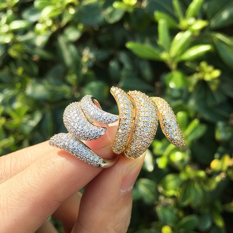 Zircon Micro Pave Open Ring Copper Geometric Wave Feather Design Adjustable Jewelry For Women Chic Trendy