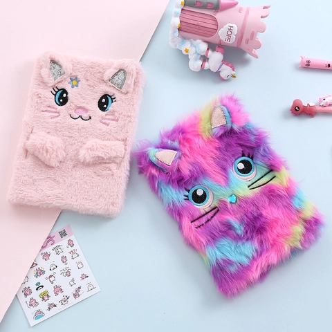 Plush Notebook Faux Fur Cat Panda Animal Embroidered Diary Journal Stationery Gift For Girls Kids Cute Creative