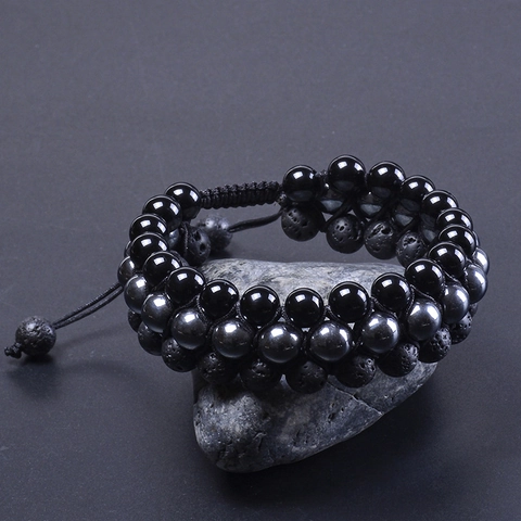 Natur Schwarz Achat Lavastein Hämatit Dreireihiges Perlenarmband Verstellbares Geflochtenes Seil Schmuck Herren Damen
