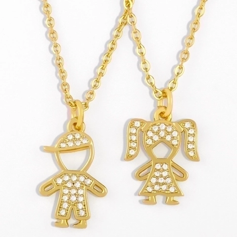 Cute Boy Girl Child Silhouette Pendant Necklace Copper 18K Gold Plated Cubic Zirconia Micro Pave Jewelry For Women Kids