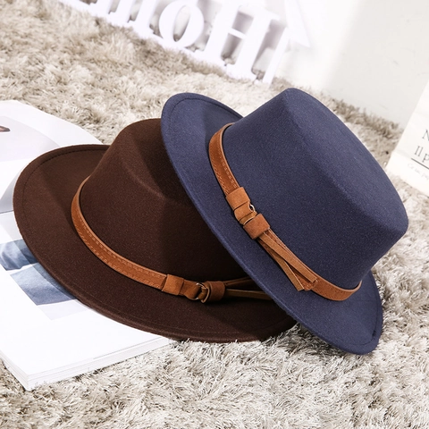 Vintage Dames Boater Hat Platte Bovenkant Brede Rand Wollen Fedora Met Leren Riem Gesp Effen Kleur Elegante Party Jurk Pet