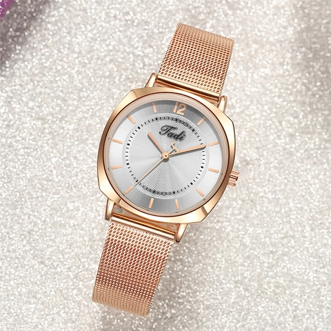 Mode Damen Quarzuhr Roségold Legierungsgehäuse Edelstahl Mesh Armband Analoganzeige Wellenmuster Zifferblatt Armbanduhr