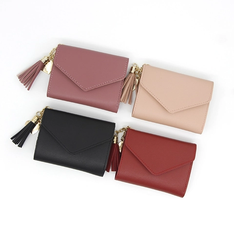 Petit Portefeuille Femme Pliant Similicuir Design Enveloppe Avec Gland Coeur Mode Porte-Monnaie