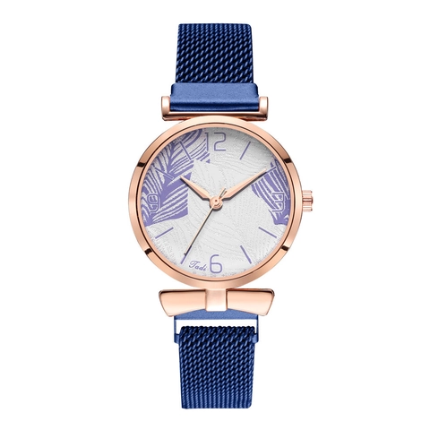 Elegant Fashion Ladies Quartz Watch With Leaf Pattern Dial And Magnetic Mesh Alloy Strap Casual Style Wristwatch