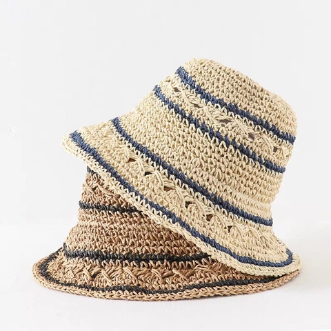 Cappello di Paglia di Carta a Tesa Larga Pieghevole da Donna Motivo a Strisce Traspirante Protezione Solare Cappello da Pescatore per Spiaggia Viaggi Vacanze