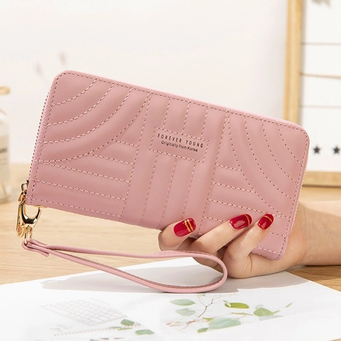 Damen Geldbörse Lang PU Leder Gesteppt Reißverschluss Clutch Tasche Mit Handschlaufe Elegant Koreanischer Stil