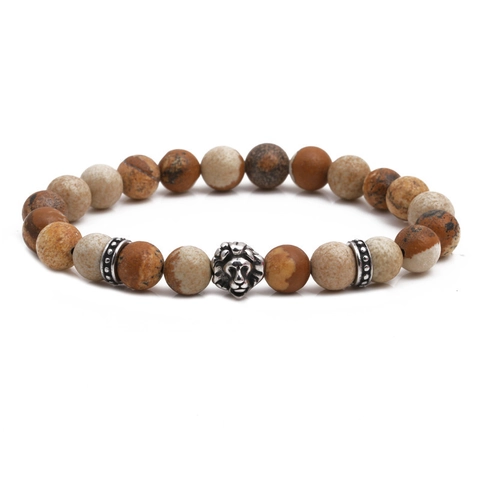 Bracciale Di Perline Testa Di Leone Pietra Naturale Acciaio Inossidabile Gioielli Punk Hip Hop Da Uomo