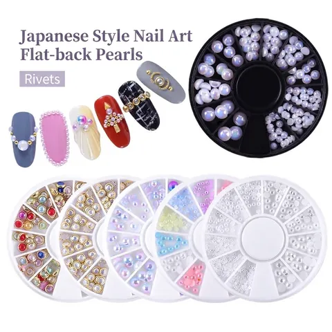 Nail Art Decoration Faux Artificial Pearls And Alloy Studs AB Color Mixed Sizes For Manicure DIY With Wheel Storage Case
