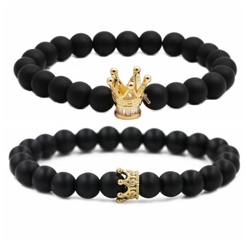 Bracelet Perlé pour Homme Pierre Noire Mate Turquoise Blanc Couronne Luxe Zirconia Incrusté Bijoux de Mode Cadeau