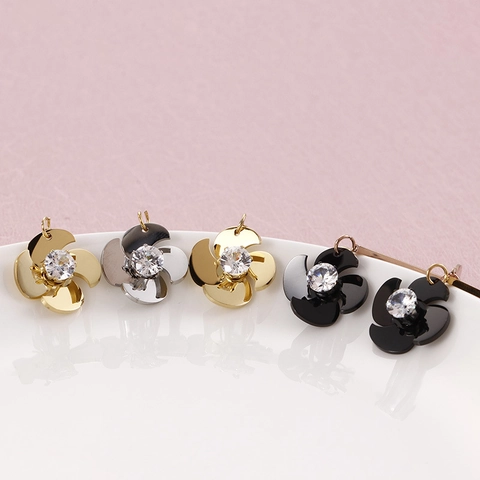 Stainless Steel Windmill Flower Dangle Drop Earrings For Women Elegant Cubic Zirconia Long Bar Tarnish Resistant Jewelry