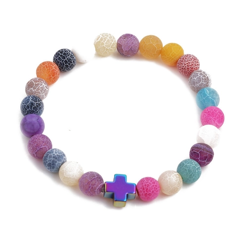 Bracciale di Perline in Pietra Agata Invecchiata Multicolore Con Pendente a Croce Manubrio in Lega Bracciale Elastico per Gioielli Yoga Unisex