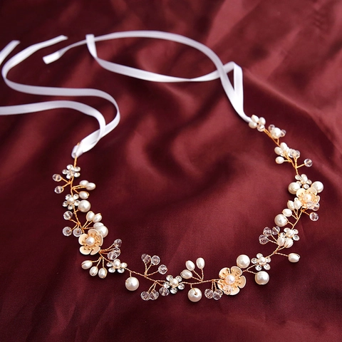 Diadema Nupcial Hecha A Mano Flor Alambre De Aleación Dorado Perla Artificial Cuenta De Cristal Cinta Accesorio De Boda