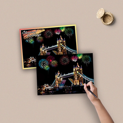 Scratch Art Postcards DIY Night View City Architecture Rainbow Color Paper Painting Gift For Adults And Kids