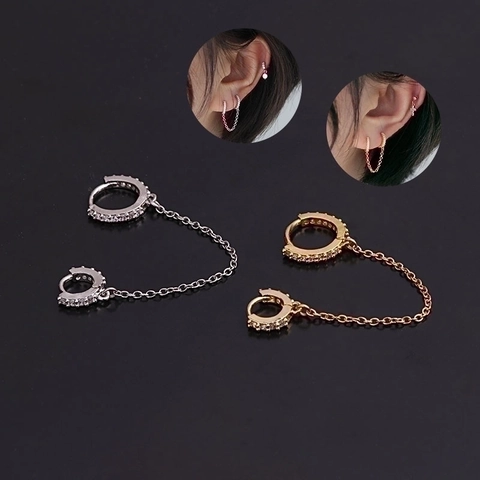 Zirkon Rund Anhänger Doppel Piercing Knorpel Ohrringe Kupfer Kette Link Hoop Modeschmuck Für Frauen Chic Stil