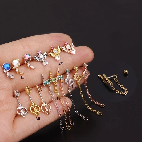 Stainless Steel Earring Post Zircon Piercing Helix Earrings Screw Back Heart Wings Snake Jewelry For Women