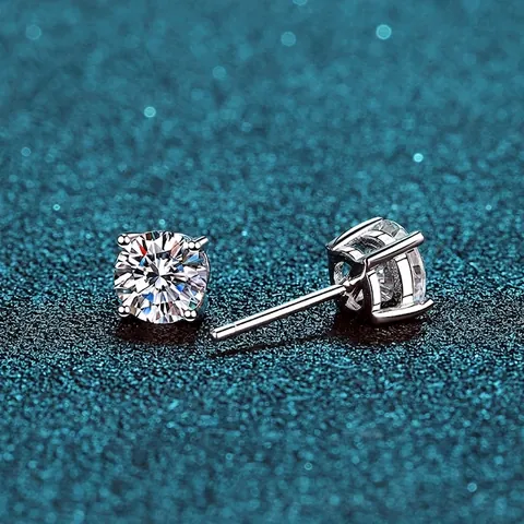 Round Cut Moissanite Zircon Stud Earrings With 925 Sterling Silver Earring Post Four-Prong Setting Sparkly For Women